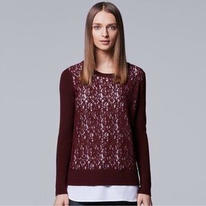 Mock-Layer Lace Sweater Simply Vera Vera Wang Women’s Size S Pullover Sweater